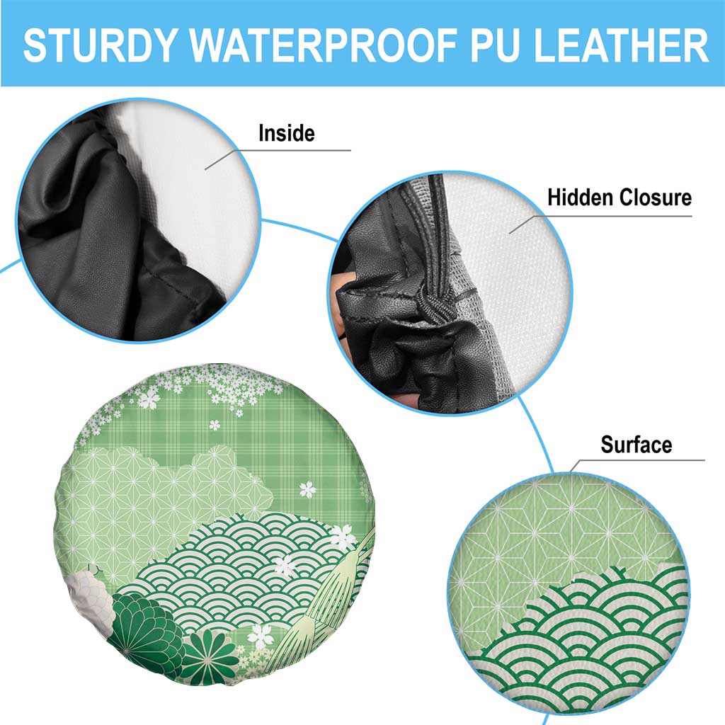 Green Palaka Japanese Patterns Spare Tire Cover Asanoha Seigaiha Sakura Motif - Polynesian Pride