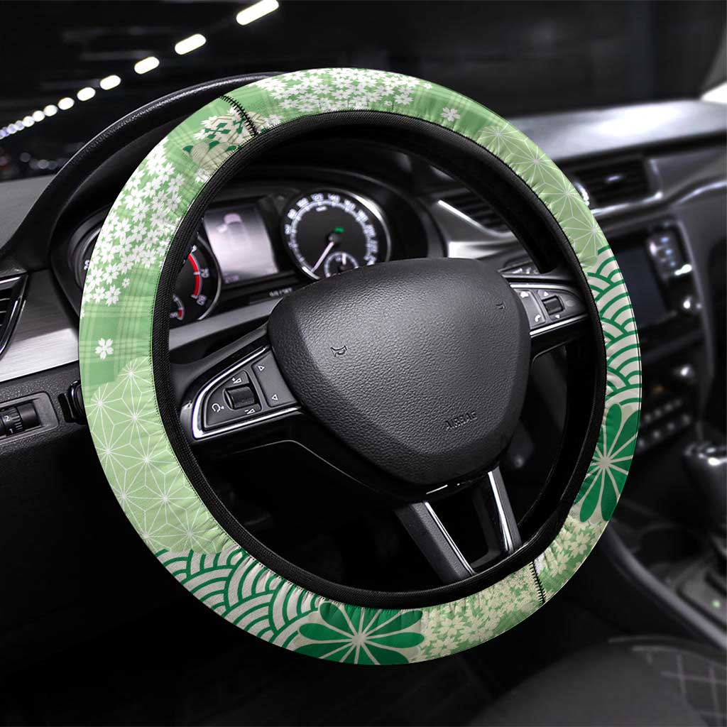 Green Palaka Japanese Patterns Steering Wheel Cover Asanoha Seigaiha Sakura Motif LT14 Universal Fit Green - Polynesian Pride