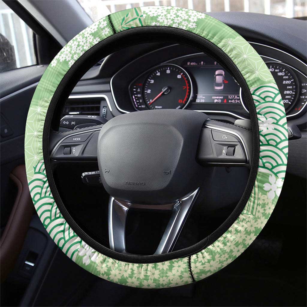 Green Palaka Japanese Patterns Steering Wheel Cover Asanoha Seigaiha Sakura Motif LT14 - Polynesian Pride
