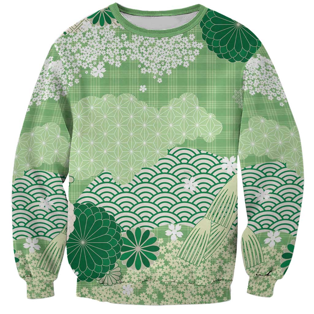 Green Palaka Japanese Patterns Sweatshirt Asanoha Seigaiha Sakura Motif LT14 Unisex Green - Polynesian Pride