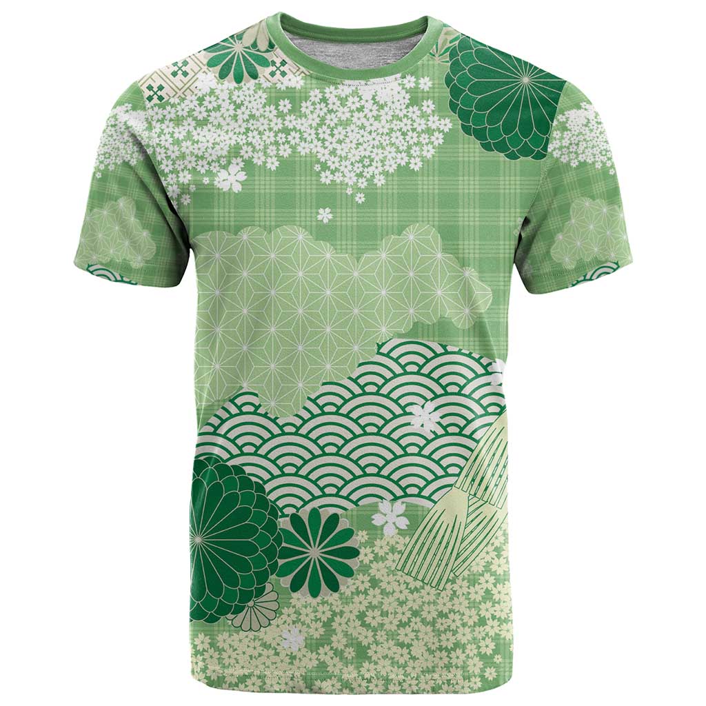 Green Palaka Japanese Patterns T Shirt Asanoha Seigaiha Sakura Motif - Polynesian Pride