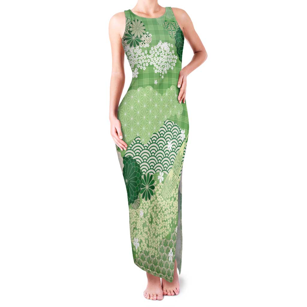 Green Palaka Japanese Patterns Tank Maxi Dress Asanoha Seigaiha Sakura Motif - Polynesian Pride