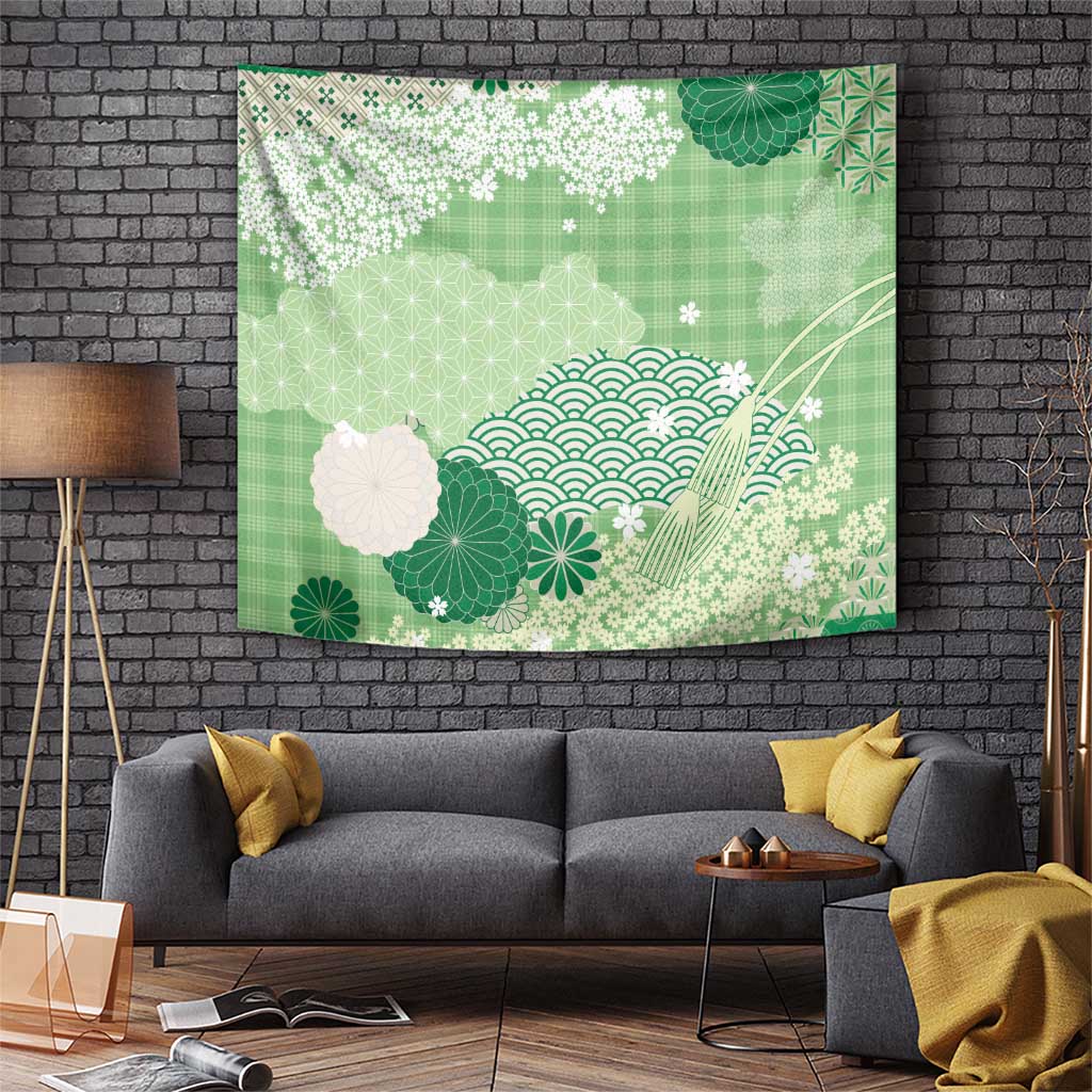 Green Palaka Japanese Patterns Tapestry Asanoha Seigaiha Sakura Motif - Polynesian Pride