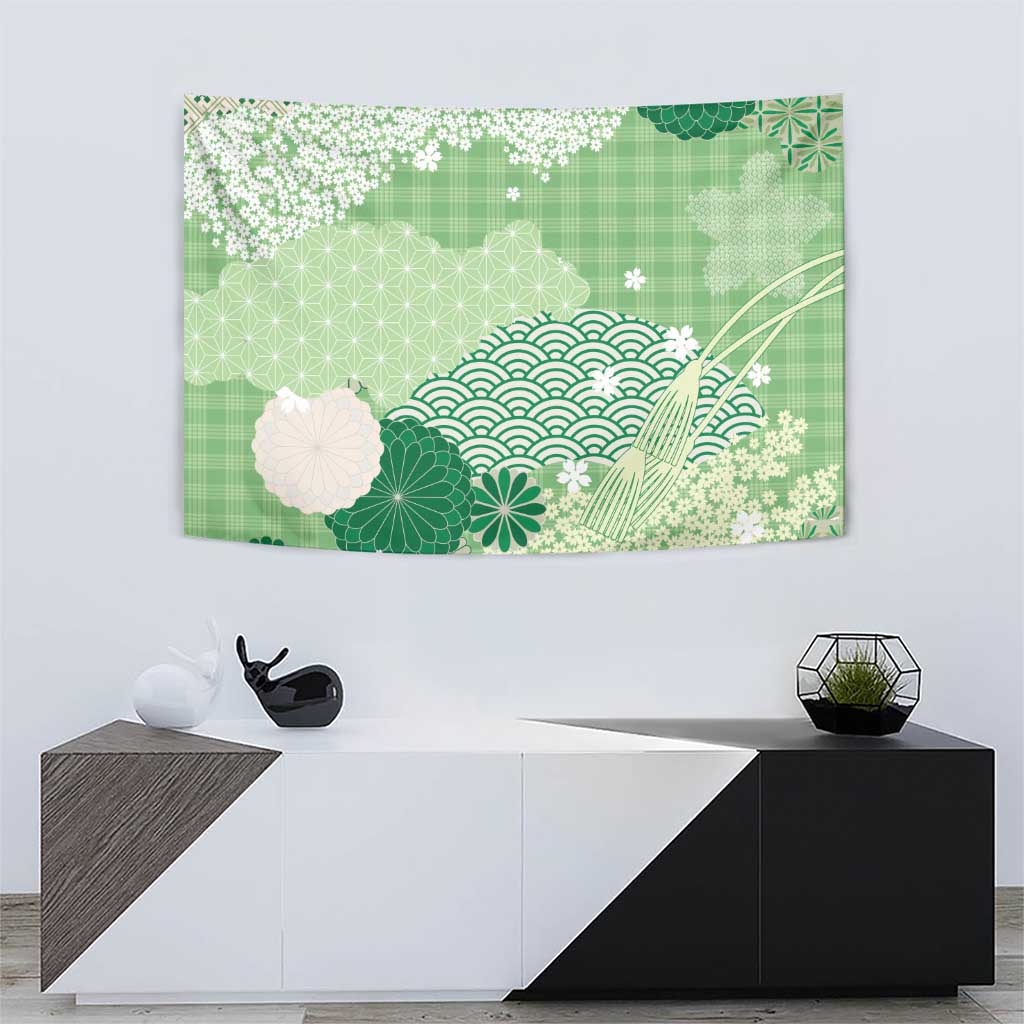 Green Palaka Japanese Patterns Tapestry Asanoha Seigaiha Sakura Motif - Polynesian Pride
