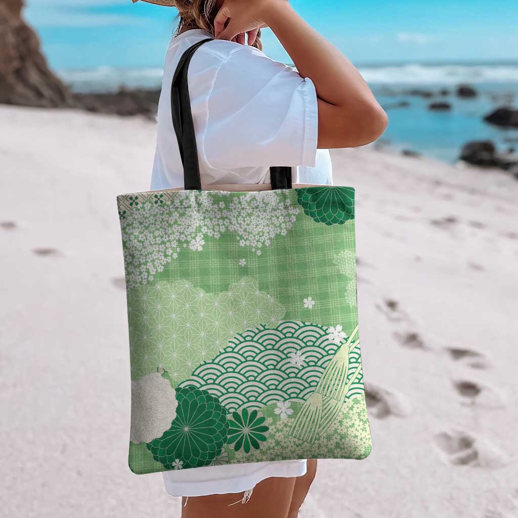 Green Palaka Japanese Patterns Tote Bag Asanoha Seigaiha Sakura Motif - Polynesian Pride