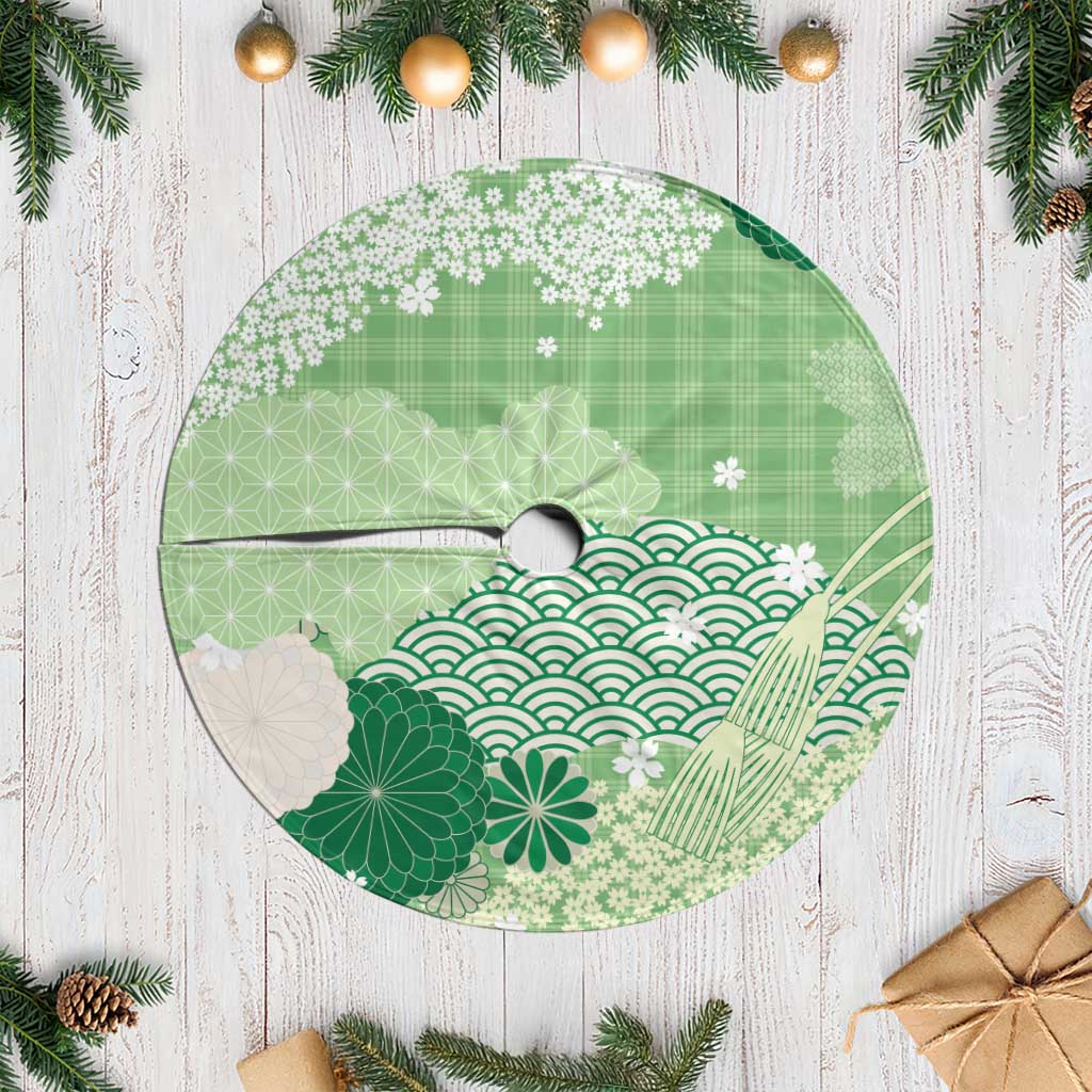Green Palaka Japanese Patterns Tree Skirt Asanoha Seigaiha Sakura Motif LT14 Casual Green - Polynesian Pride