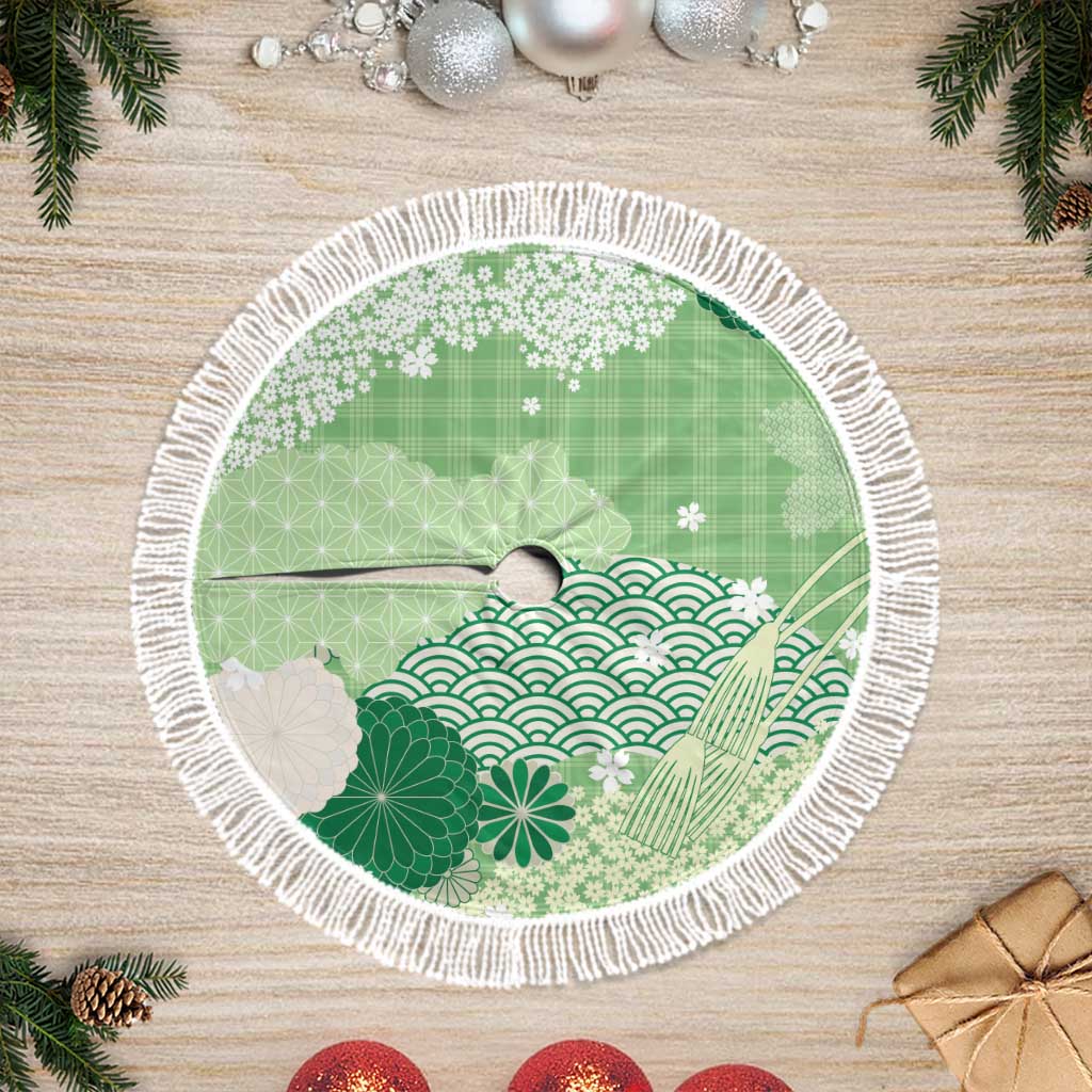 Green Palaka Japanese Patterns Tree Skirt Asanoha Seigaiha Sakura Motif LT14 Fringed Green - Polynesian Pride