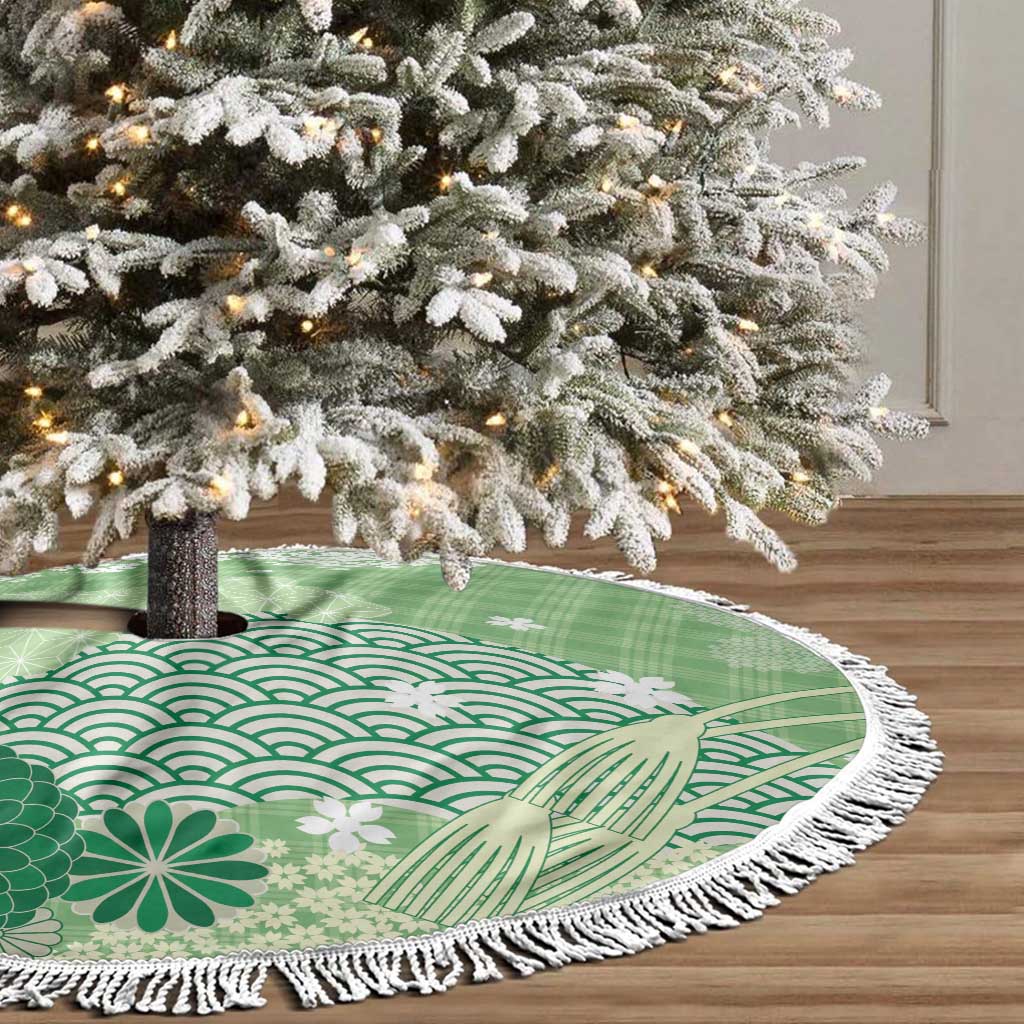 Green Palaka Japanese Patterns Tree Skirt Asanoha Seigaiha Sakura Motif LT14 - Polynesian Pride