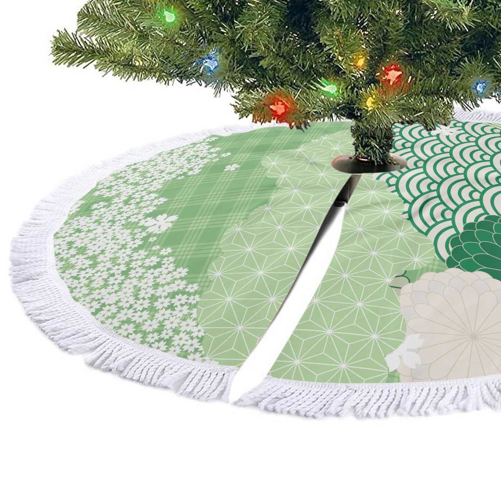 Green Palaka Japanese Patterns Tree Skirt Asanoha Seigaiha Sakura Motif LT14 - Polynesian Pride