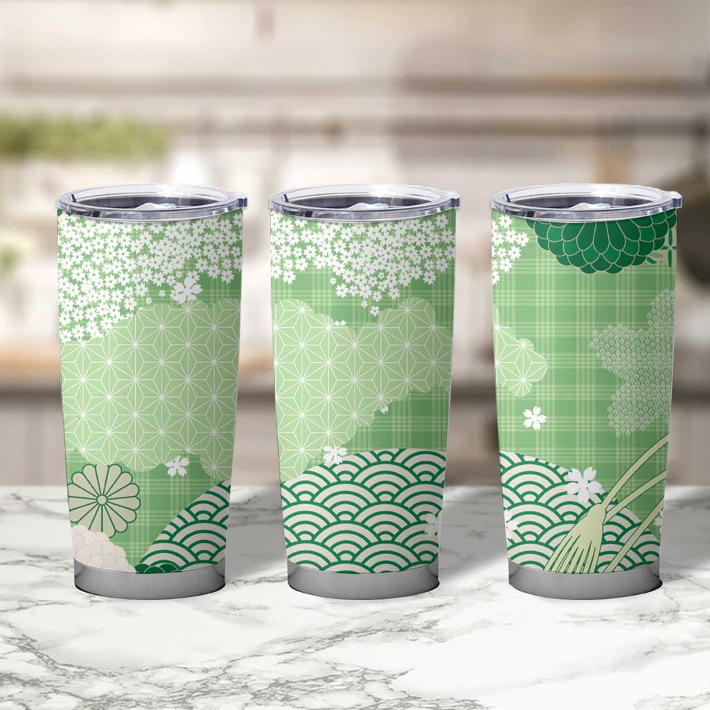 Green Palaka Japanese Patterns Tumbler Cup Asanoha Seigaiha Sakura Motif - Polynesian Pride