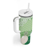 Green Palaka Japanese Patterns Tumbler With Handle Asanoha Seigaiha Sakura Motif - Polynesian Pride