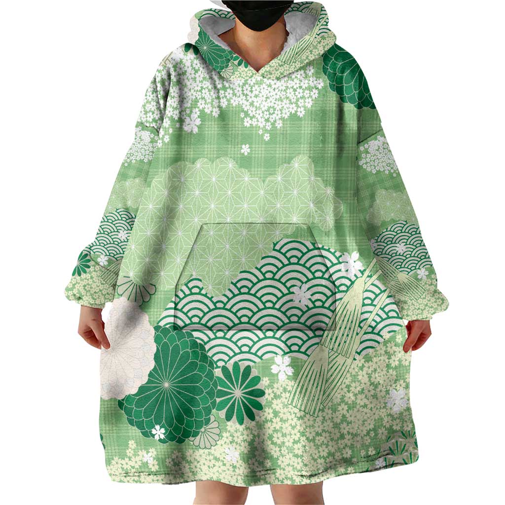 Green Palaka Japanese Patterns Wearable Blanket Hoodie Asanoha Seigaiha Sakura Motif LT14 - Polynesian Pride