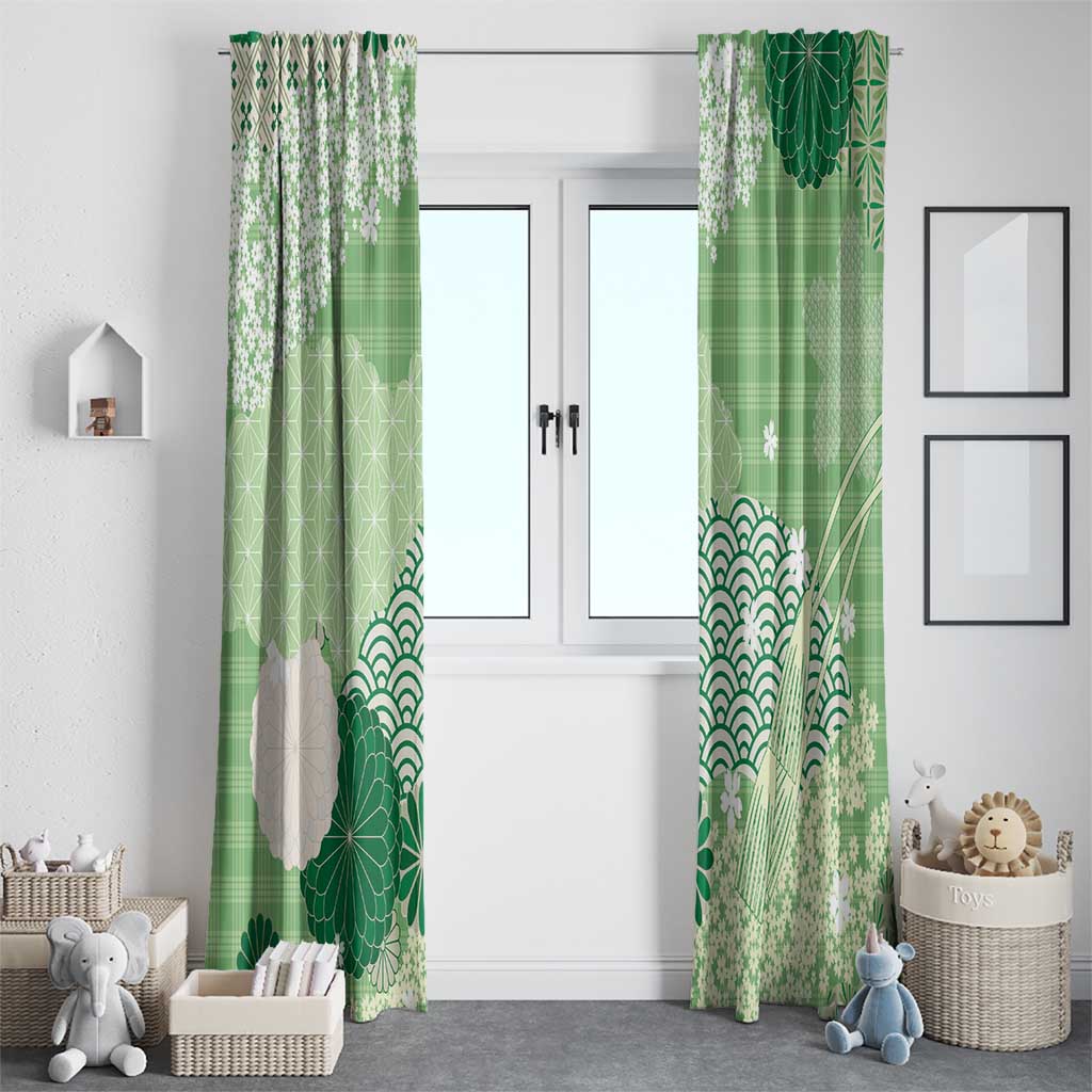 Green Palaka Japanese Patterns Window Curtain Asanoha Seigaiha Sakura Motif - Polynesian Pride