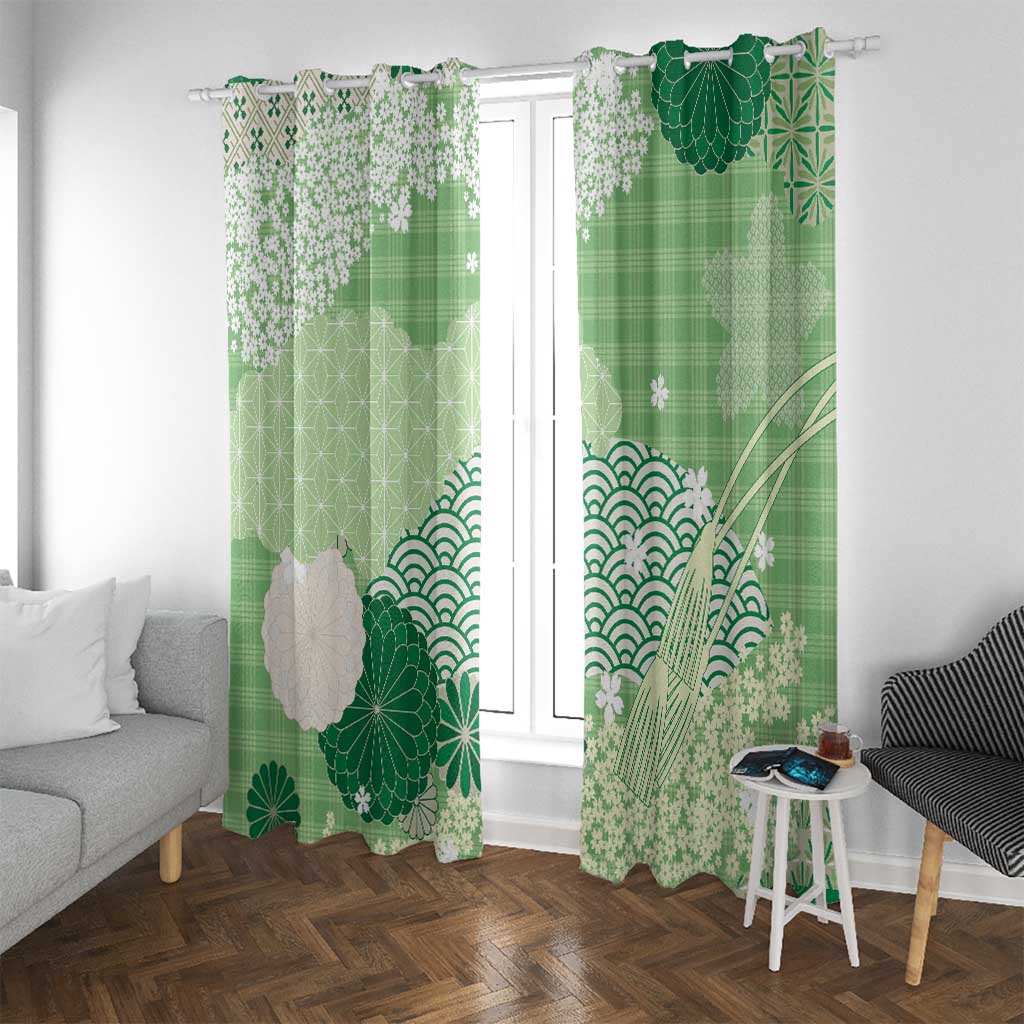 Green Palaka Japanese Patterns Window Curtain Asanoha Seigaiha Sakura Motif - Polynesian Pride