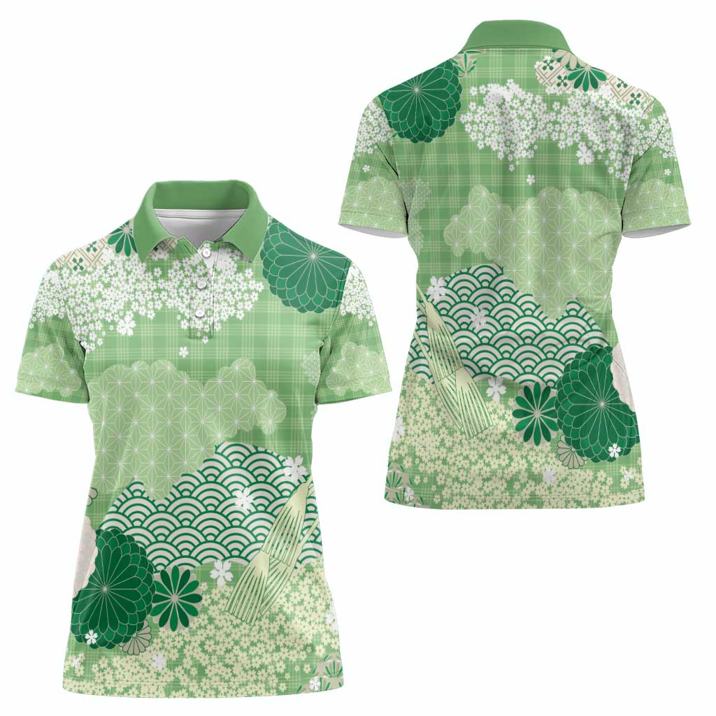 Green Palaka Japanese Patterns Women Polo Shirt Asanoha Seigaiha Sakura Motif - Polynesian Pride