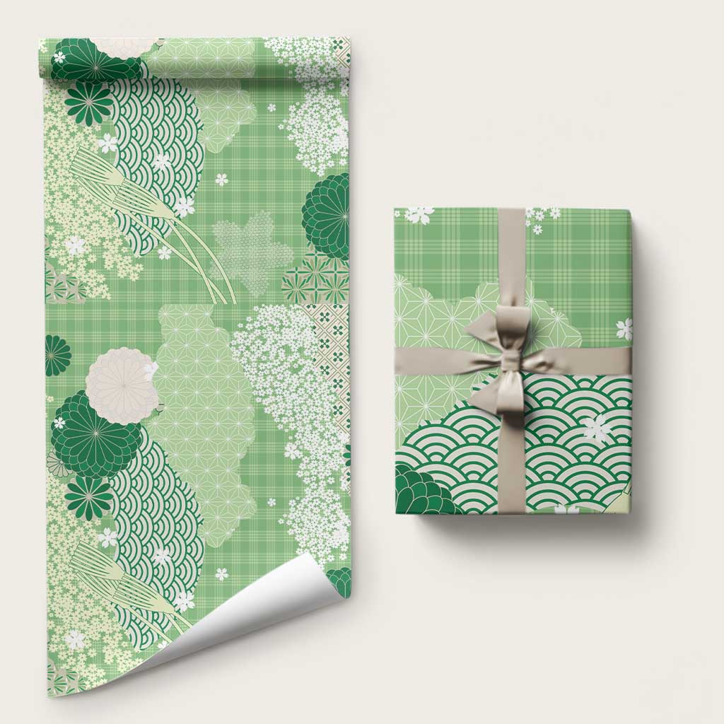 Green Palaka Japanese Patterns Wrapping Paper Asanoha Seigaiha Sakura Motif LT14 58" × 23" Green - Polynesian Pride