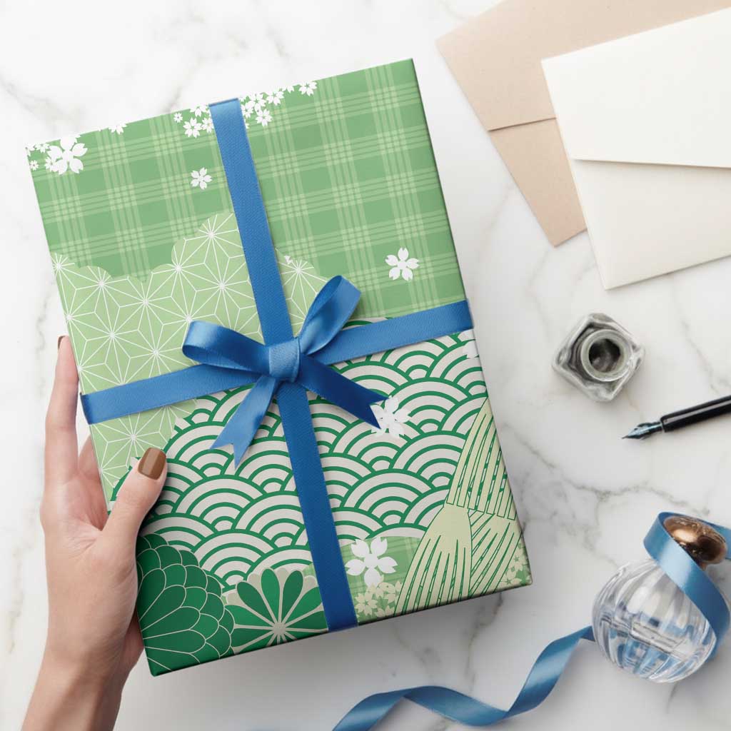 Green Palaka Japanese Patterns Wrapping Paper Asanoha Seigaiha Sakura Motif LT14 - Polynesian Pride