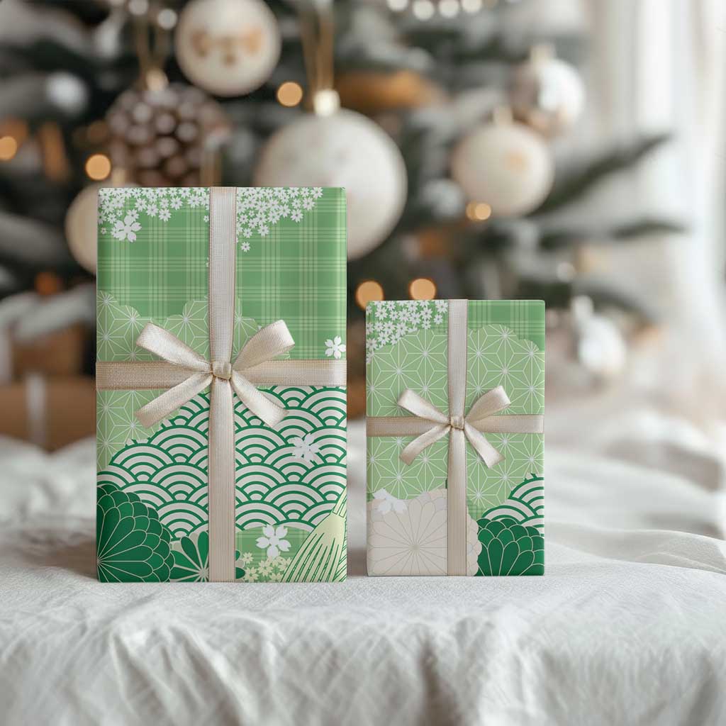 Green Palaka Japanese Patterns Wrapping Paper Asanoha Seigaiha Sakura Motif LT14 - Polynesian Pride