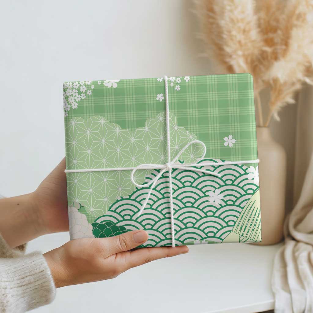 Green Palaka Japanese Patterns Wrapping Paper Asanoha Seigaiha Sakura Motif LT14 - Polynesian Pride