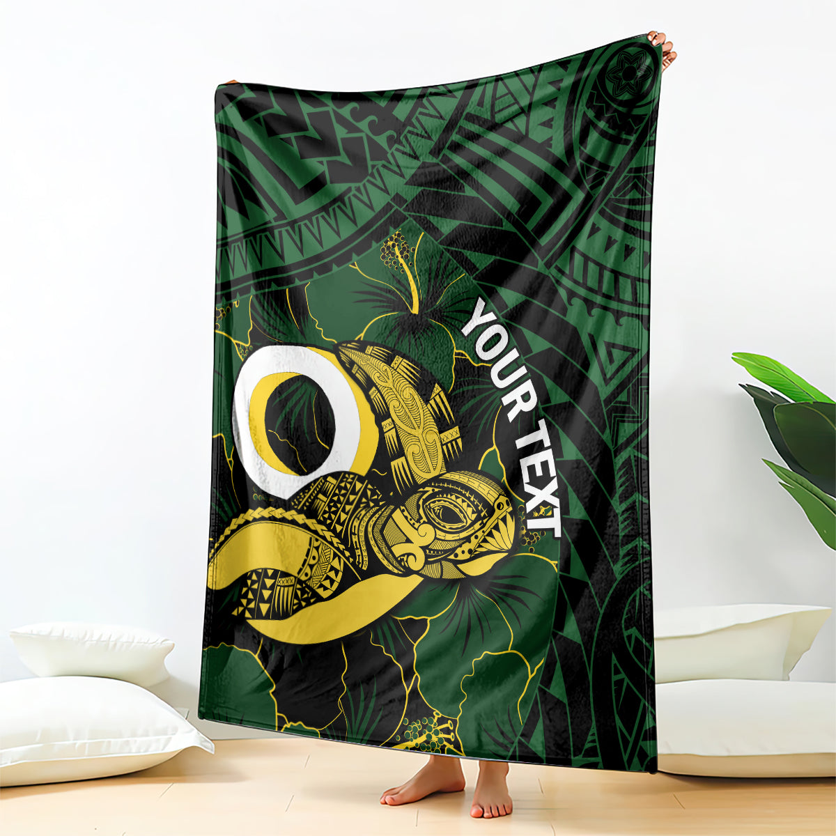 Personalised Solomon Islands Western Province Day Blanket Sea Turtle Mix Polynesian Hibiscus Pattern LT14 Green - Polynesian Pride