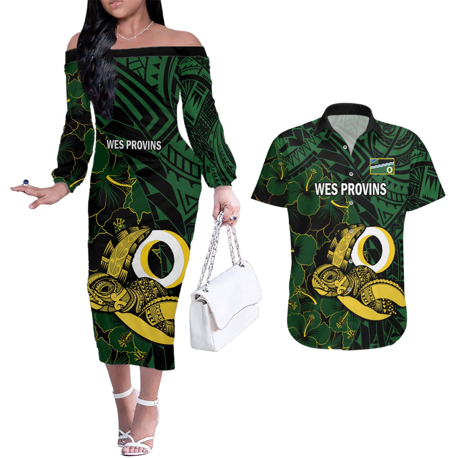 Personalised Solomon Islands Western Province Day Couples Matching Off The Shoulder Long Sleeve Dress and Hawaiian Shirt Sea Turtle Mix Polynesian Hibiscus Pattern LT14 Green - Polynesian Pride