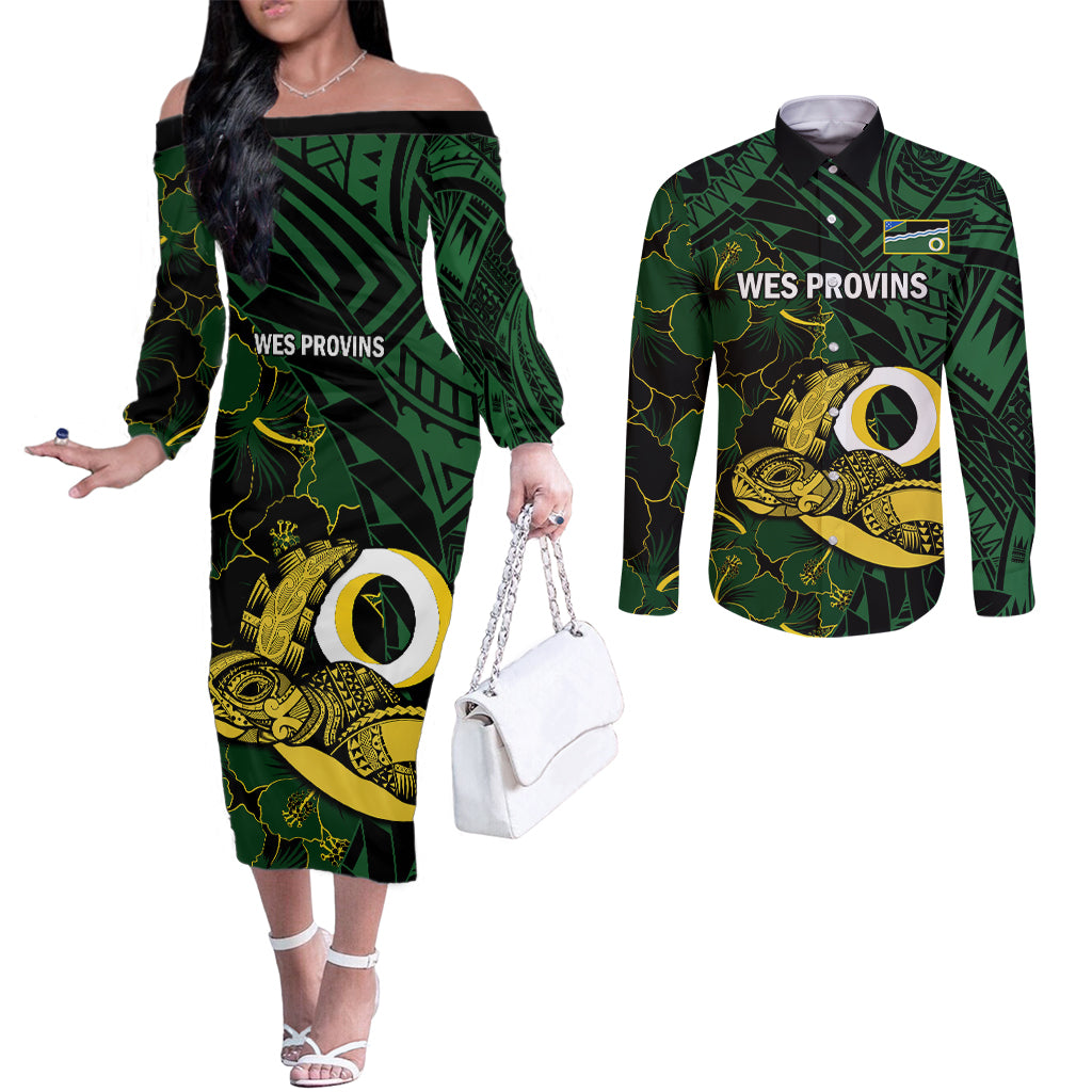 Personalised Solomon Islands Western Province Day Couples Matching Off The Shoulder Long Sleeve Dress and Long Sleeve Button Shirt Sea Turtle Mix Polynesian Hibiscus Pattern LT14 Green - Polynesian Pride