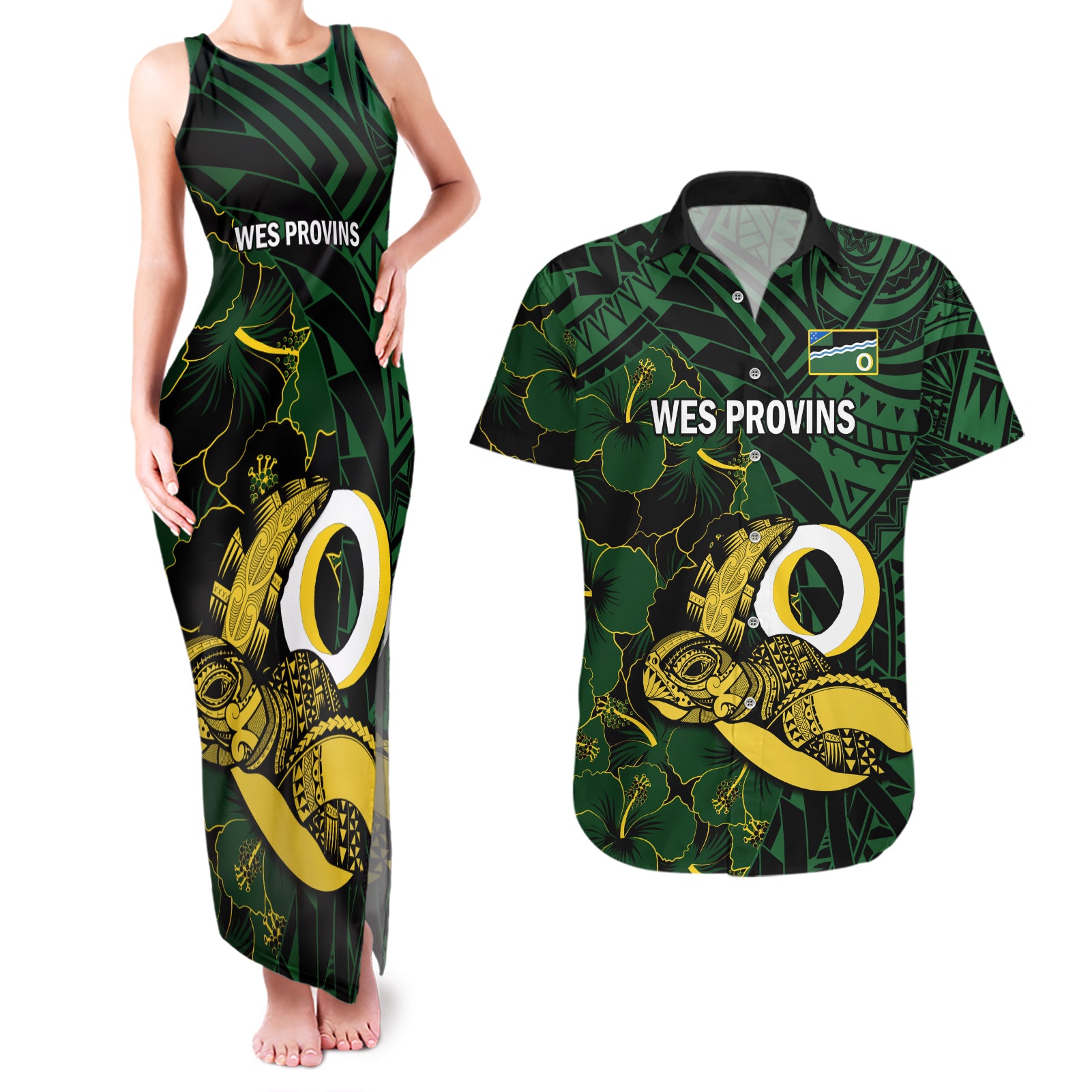 Personalised Solomon Islands Western Province Day Couples Matching Tank Maxi Dress and Hawaiian Shirt Sea Turtle Mix Polynesian Hibiscus Pattern LT14 Green - Polynesian Pride