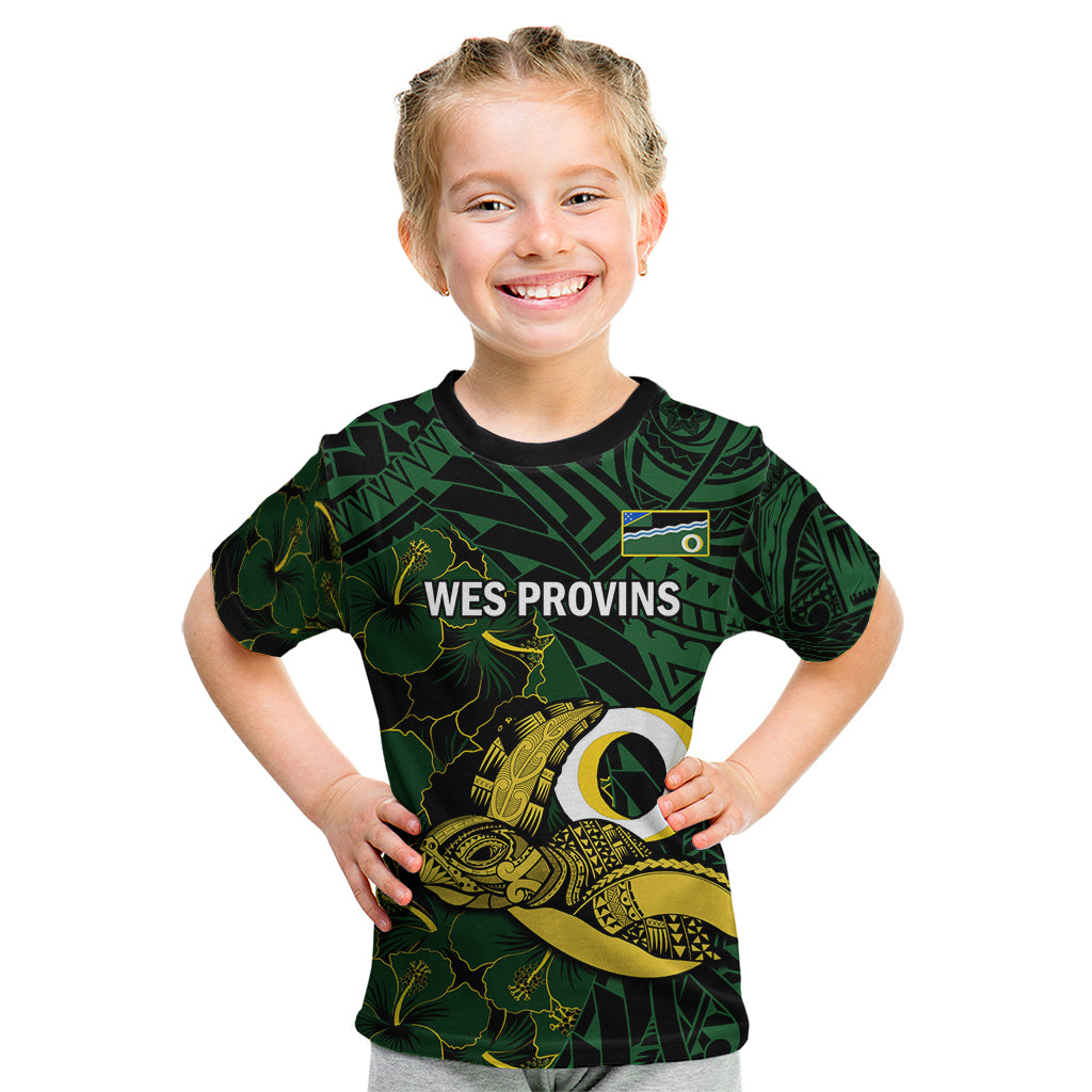 Personalised Solomon Islands Western Province Day Kid T Shirt Sea Turtle Mix Polynesian Hibiscus Pattern LT14 Green - Polynesian Pride