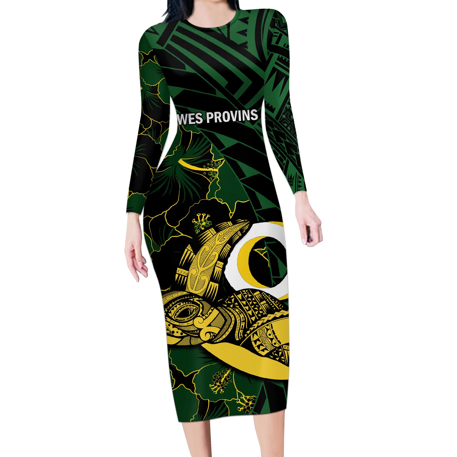 Personalised Solomon Islands Western Province Day Long Sleeve Bodycon Dress Sea Turtle Mix Polynesian Hibiscus Pattern LT14 Long Dress Green - Polynesian Pride