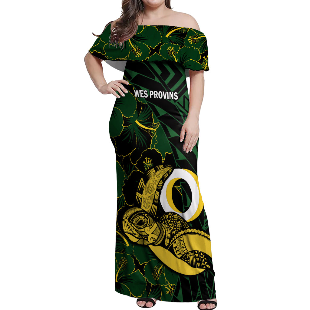 Personalised Solomon Islands Western Province Day Off Shoulder Maxi Dress Sea Turtle Mix Polynesian Hibiscus Pattern LT14 Women Green - Polynesian Pride