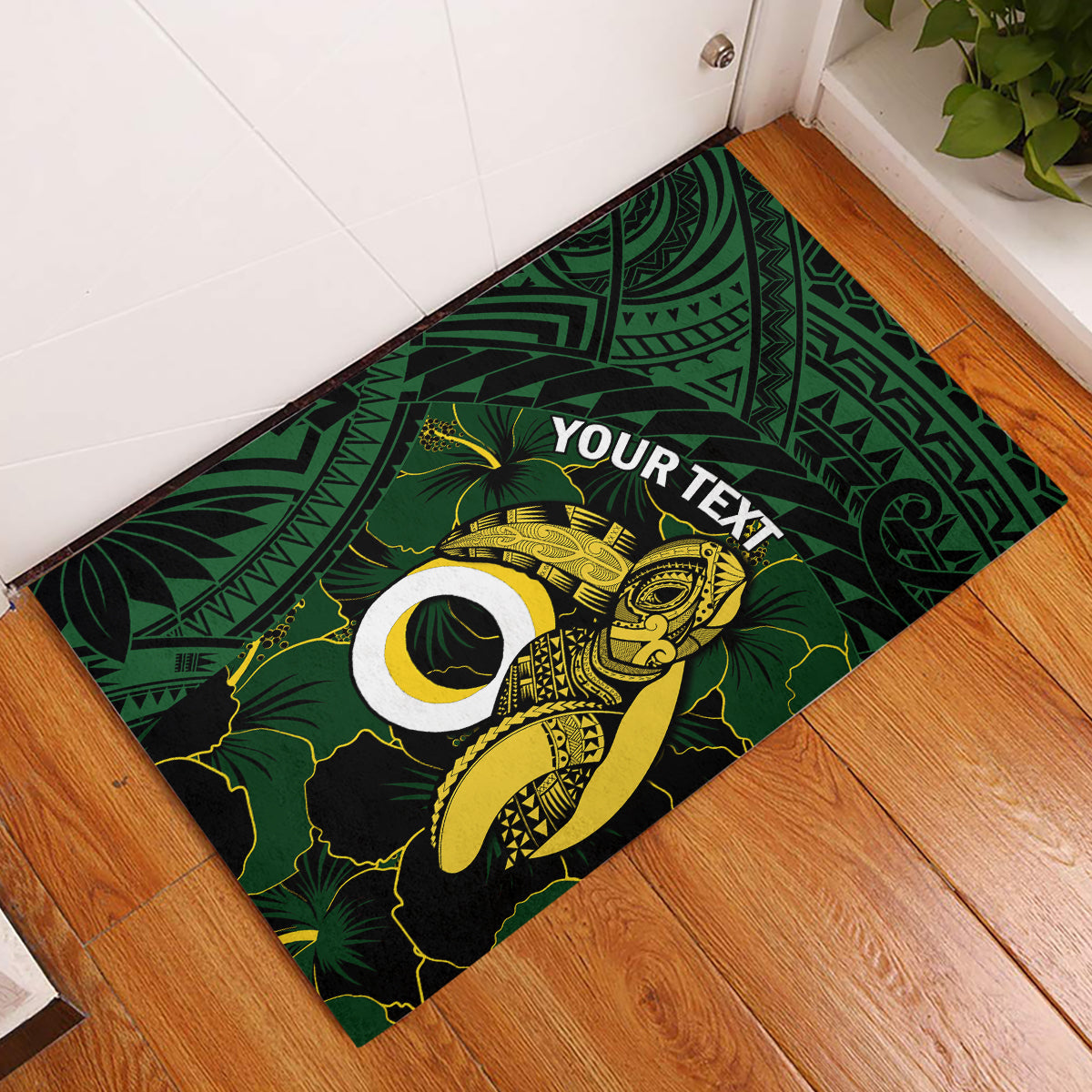 Personalised Solomon Islands Western Province Day Rubber Doormat Sea Turtle Mix Polynesian Hibiscus Pattern LT14 Green - Polynesian Pride
