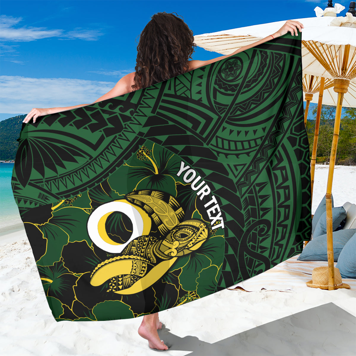 Personalised Solomon Islands Western Province Day Sarong Sea Turtle Mix Polynesian Hibiscus Pattern LT14 One Size 44 x 66 inches Green - Polynesian Pride