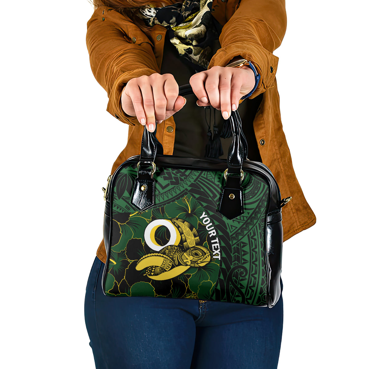 Personalised Solomon Islands Western Province Day Shoulder Handbag Sea Turtle Mix Polynesian Hibiscus Pattern LT14 One Size Green - Polynesian Pride