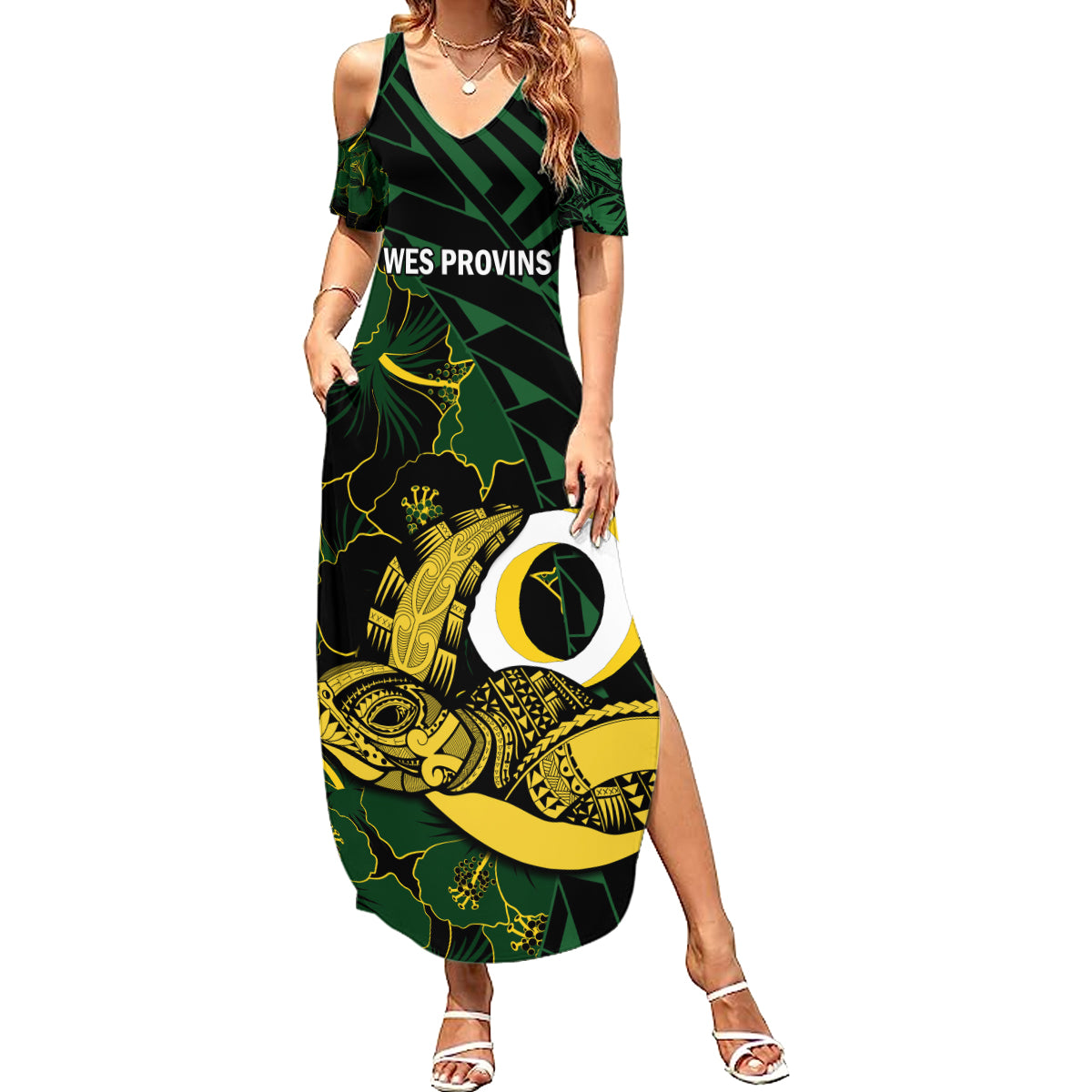 Personalised Solomon Islands Western Province Day Summer Maxi Dress Sea Turtle Mix Polynesian Hibiscus Pattern LT14 Women Green - Polynesian Pride