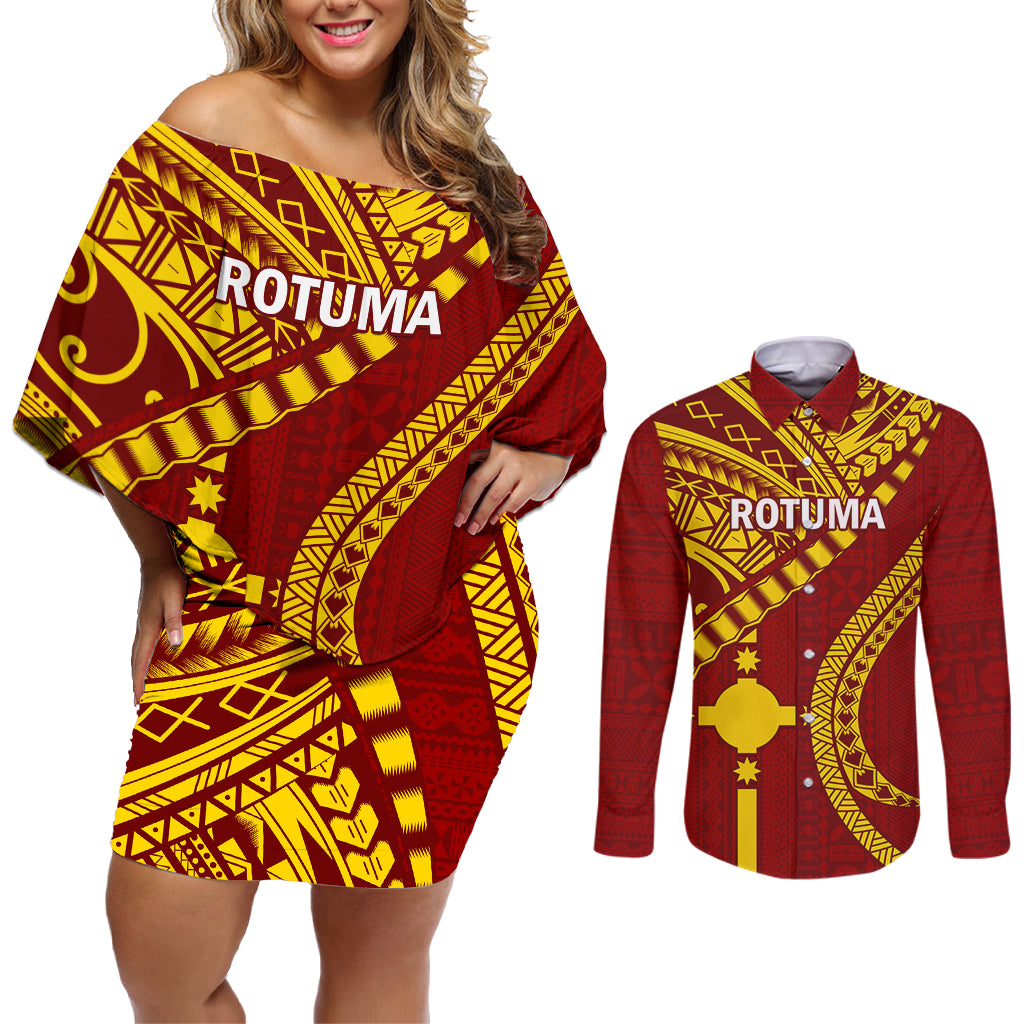 Personalised Fiji Rotuma Couples Matching Off Shoulder Short Dress and Long Sleeve Button Shirt Fijian Tapa Pattern LT14 Maroon - Polynesian Pride