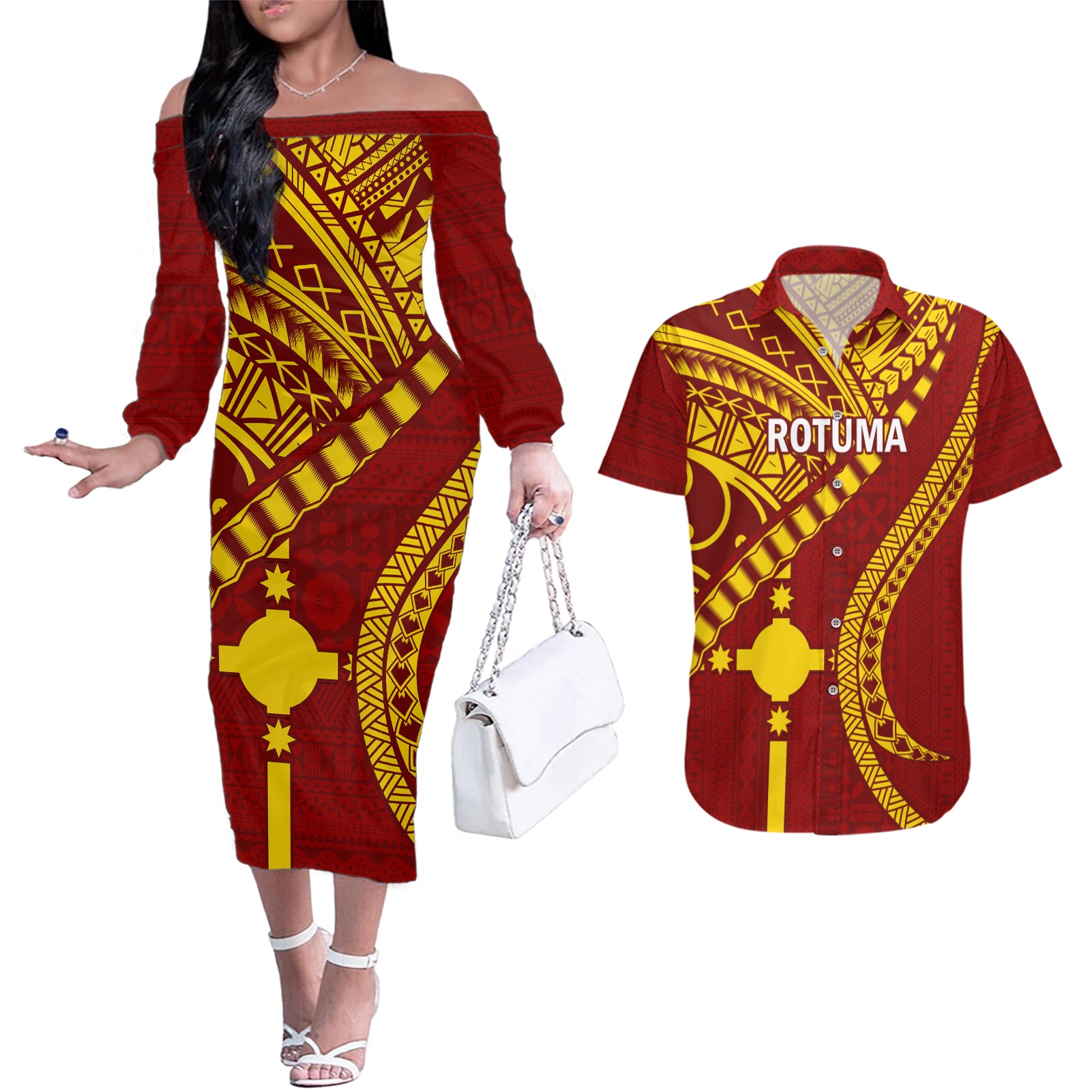 Personalised Fiji Rotuma Couples Matching Off The Shoulder Long Sleeve Dress and Hawaiian Shirt Fijian Tapa Pattern LT14 Maroon - Polynesian Pride