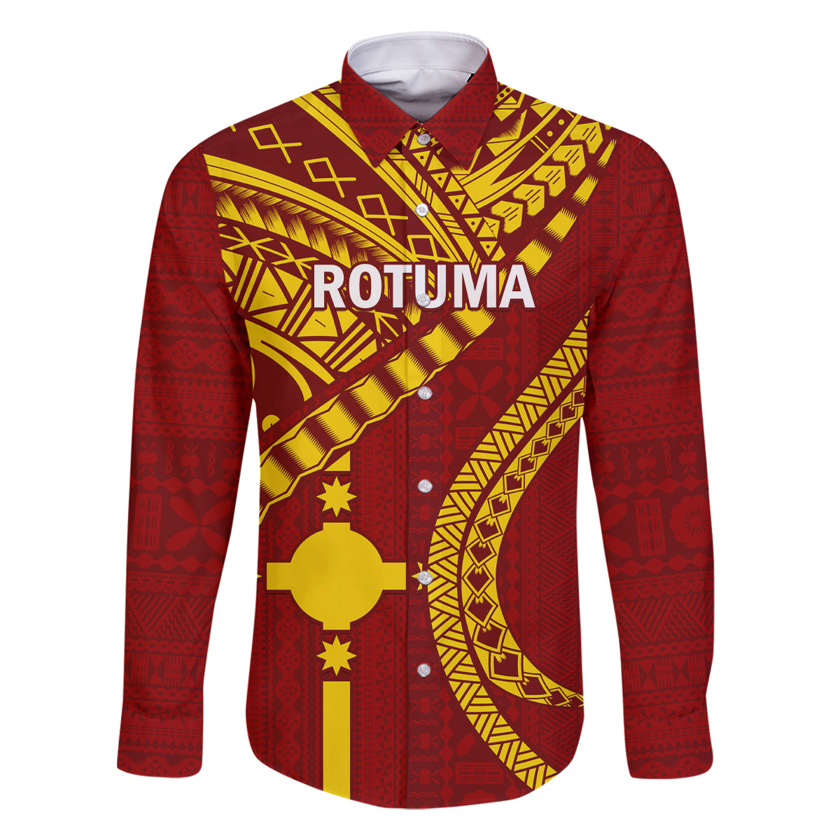 Personalised Fiji Rotuma Family Matching Off Shoulder Long Sleeve Dress and Hawaiian Shirt Fijian Tapa Pattern LT14 Dad's Shirt - Long Sleeve Maroon - Polynesian Pride
