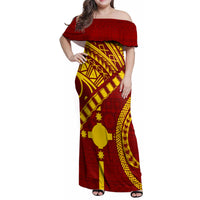 Personalised Fiji Rotuma Family Matching Off Shoulder Maxi Dress and Hawaiian Shirt Fijian Tapa Pattern LT14 Mom's Dress Maroon - Polynesian Pride