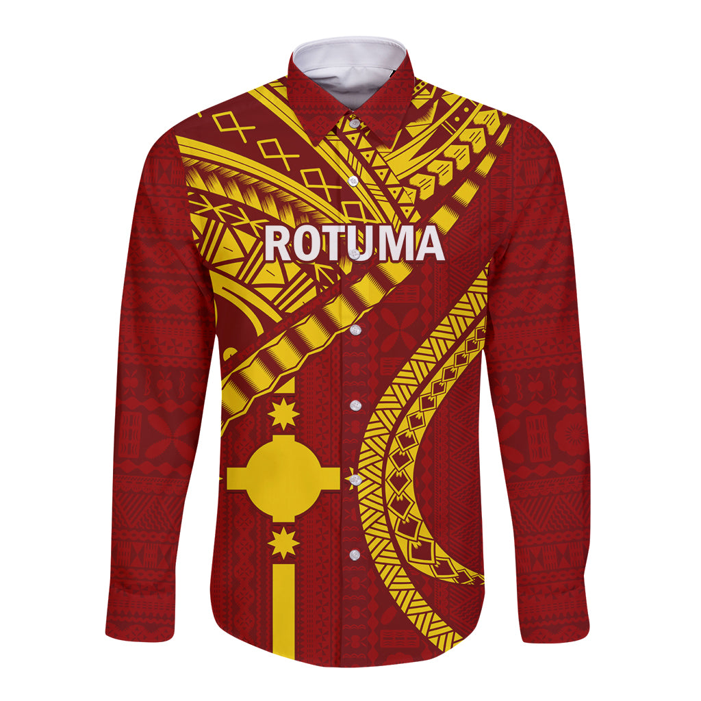 Personalised Fiji Rotuma Long Sleeve Button Shirt Fijian Tapa Pattern LT14 Unisex Maroon - Polynesian Pride