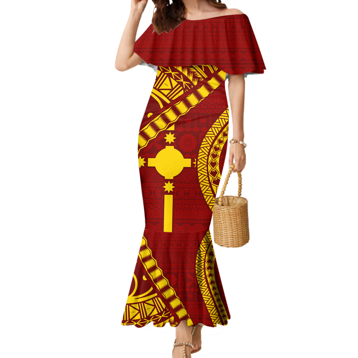 Personalised Fiji Rotuma Mermaid Dress Fijian Tapa Pattern LT14 Women Maroon - Polynesian Pride