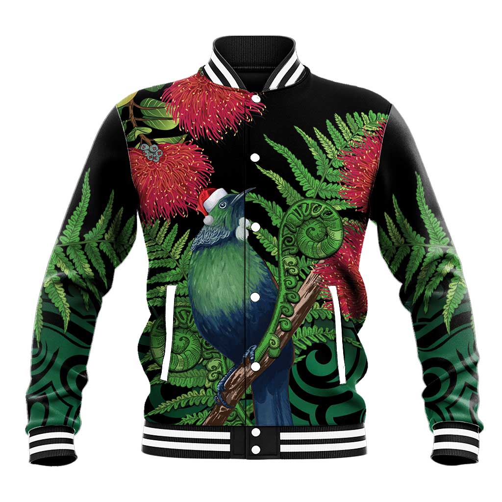New Zealand Tui Bird Christmas Baseball Jacket Maori Fern Mix Pohotukawa LT14 Unisex Black - Polynesian Pride