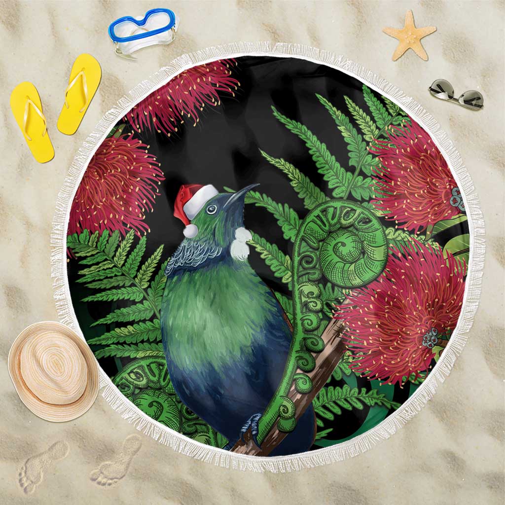 New Zealand Tui Bird Christmas Beach Blanket Maori Fern Mix Pohotukawa LT14 One Size 150cm Black - Polynesian Pride