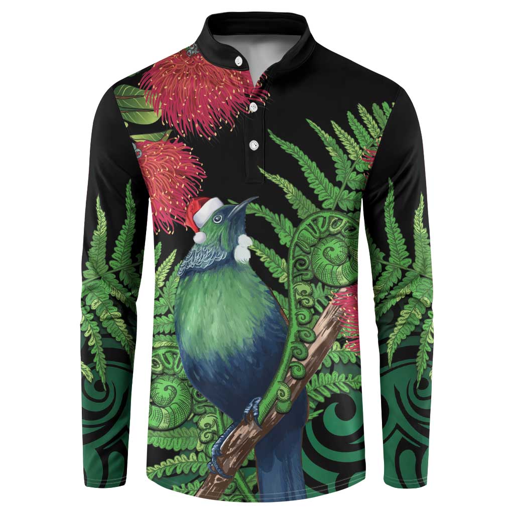 New Zealand Tui Bird Christmas Button Sweatshirt Maori Fern Mix Pohotukawa