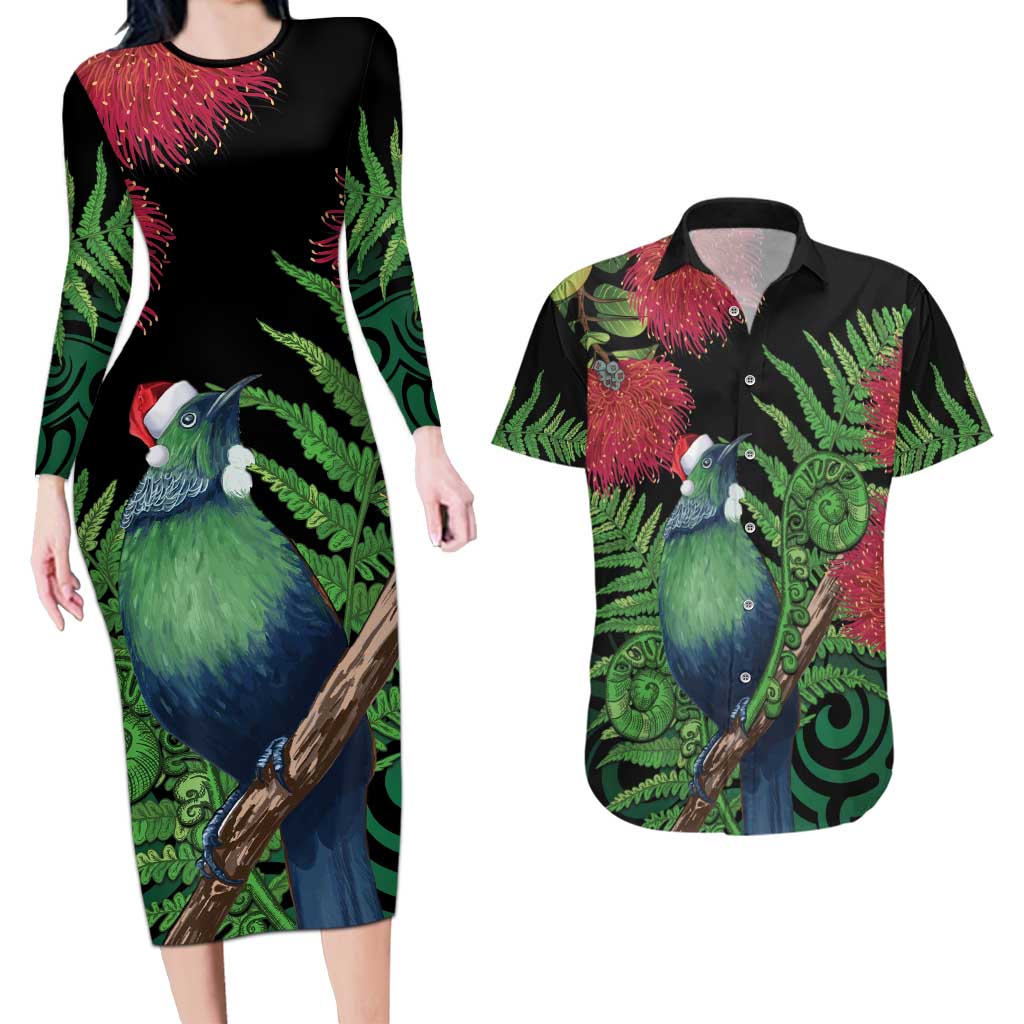 New Zealand Tui Bird Christmas Couples Matching Long Sleeve Bodycon Dress and Hawaiian Shirt Maori Fern Mix Pohotukawa