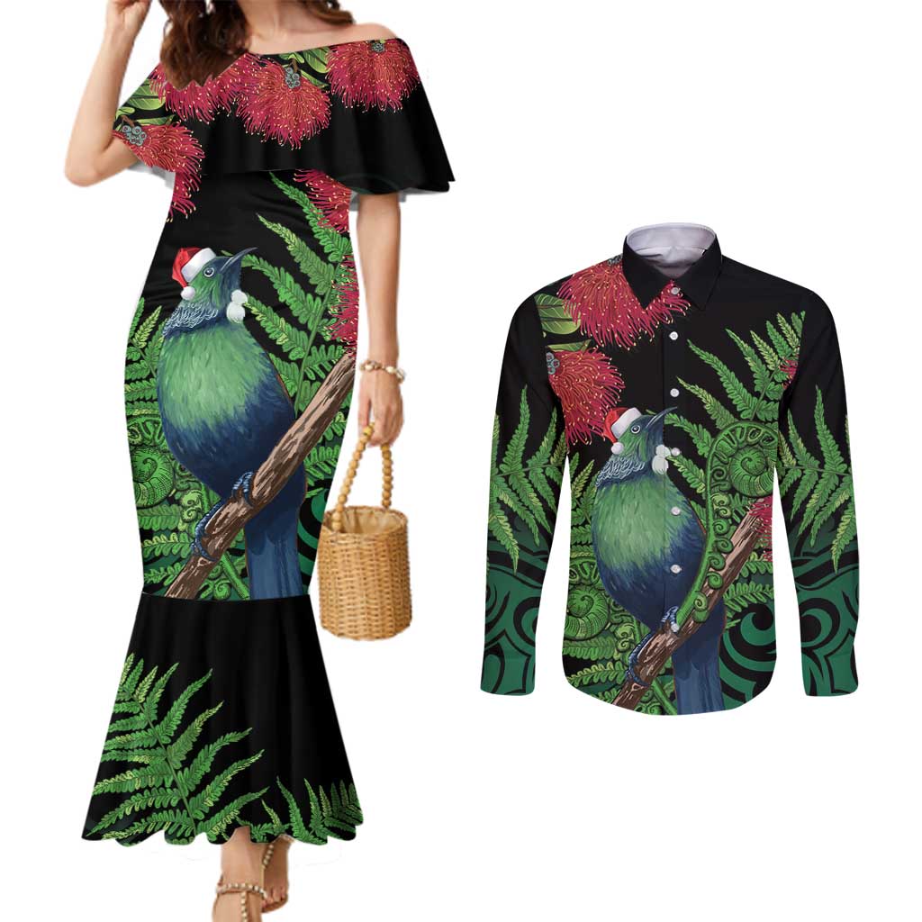 New Zealand Tui Bird Christmas Couples Matching Mermaid Dress and Long Sleeve Button Shirt Maori Fern Mix Pohotukawa