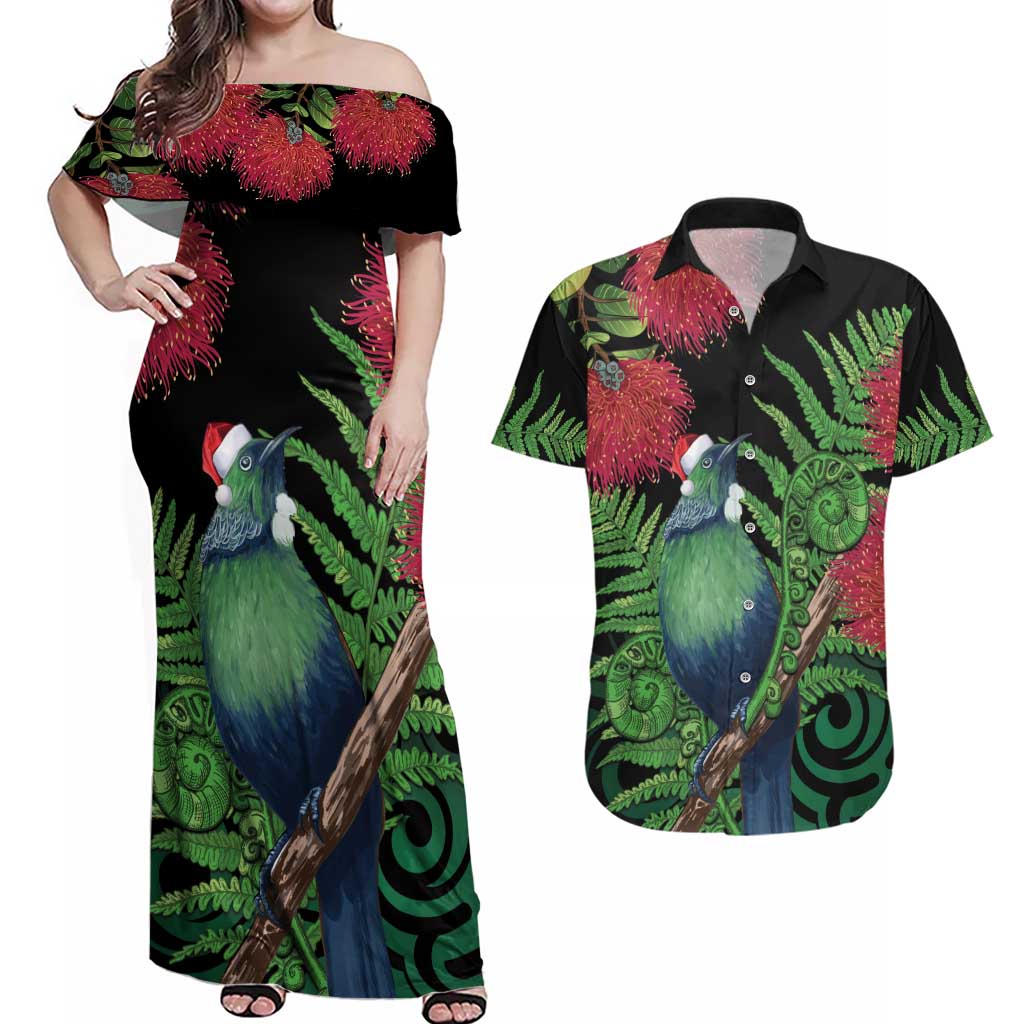 New Zealand Tui Bird Christmas Couples Matching Off Shoulder Maxi Dress and Hawaiian Shirt Maori Fern Mix Pohotukawa