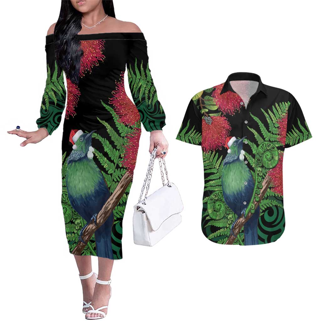 New Zealand Tui Bird Christmas Couples Matching Off The Shoulder Long Sleeve Dress and Hawaiian Shirt Maori Fern Mix Pohotukawa