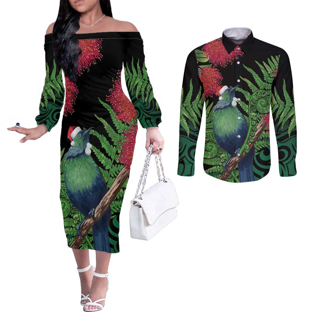 New Zealand Tui Bird Christmas Couples Matching Off The Shoulder Long Sleeve Dress and Long Sleeve Button Shirt Maori Fern Mix Pohotukawa