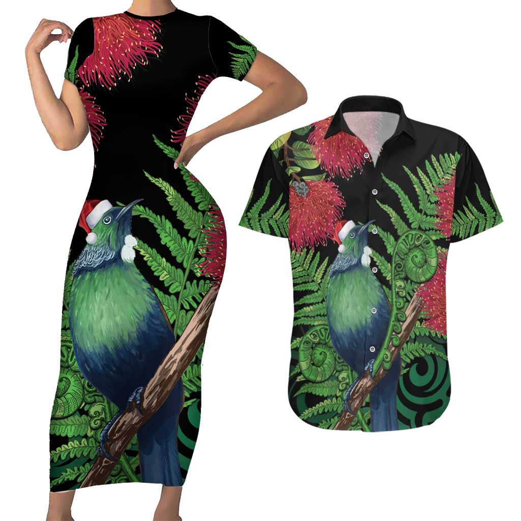 New Zealand Tui Bird Christmas Couples Matching Short Sleeve Bodycon Dress and Hawaiian Shirt Maori Fern Mix Pohotukawa LT14 Black - Polynesian Pride
