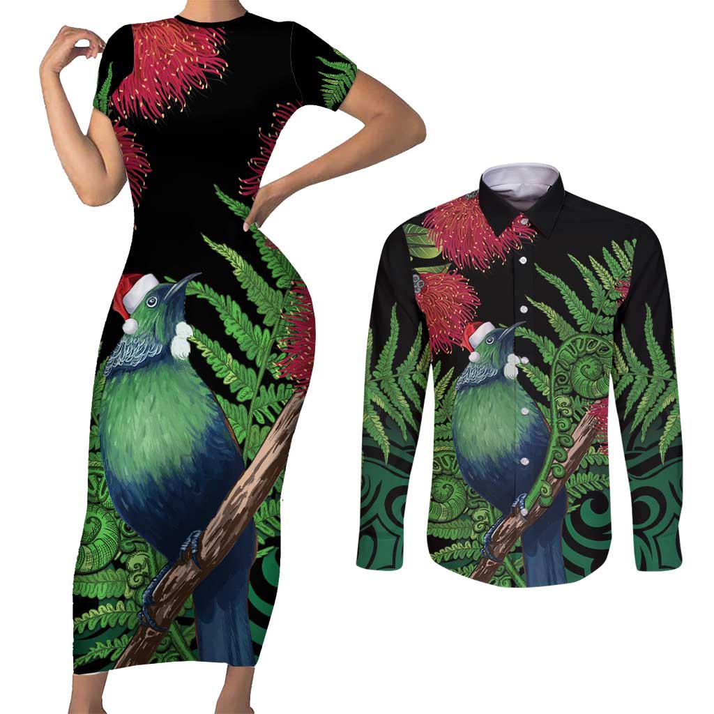 New Zealand Tui Bird Christmas Couples Matching Short Sleeve Bodycon Dress and Long Sleeve Button Shirt Maori Fern Mix Pohotukawa